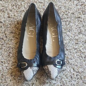 AGL Black and Gray Flats with Buckle